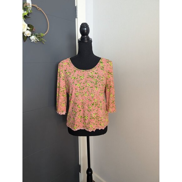 Sigrid Olsen Pink & Green Layered Mesh Lettuce Hem Floral Top - Petite L - Picture 1 of 10